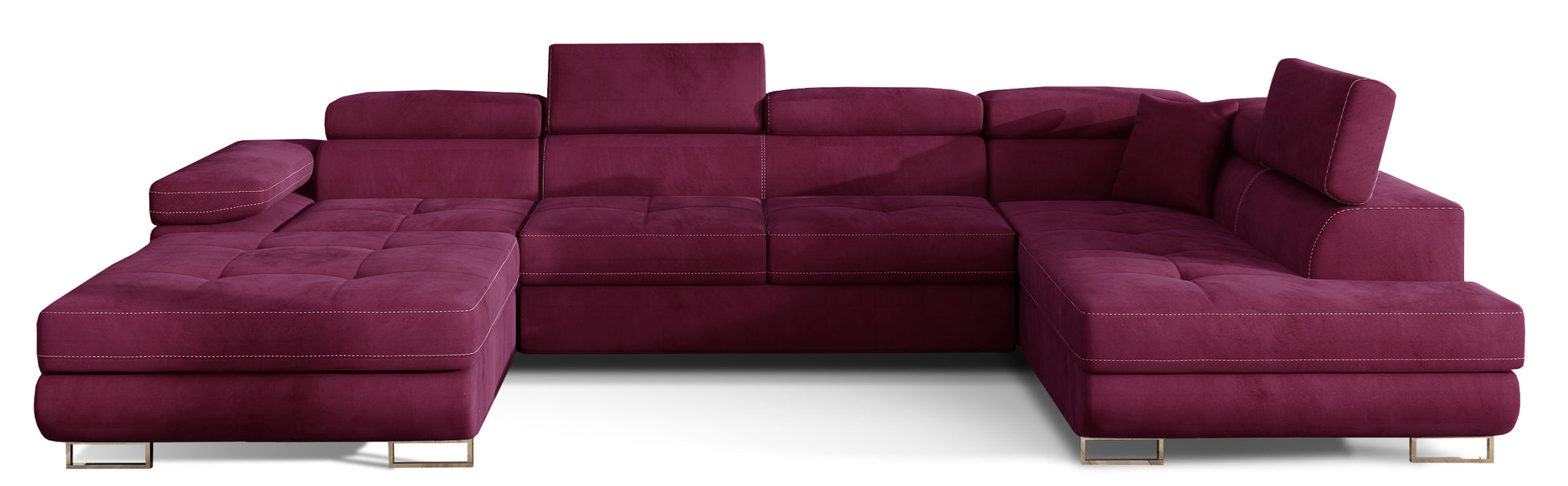 Narożnik Rodrigo w układzie prawym, tapicerowany w tkaninie MatVelvet 68 bordowy, widok frontalny na białym tle.