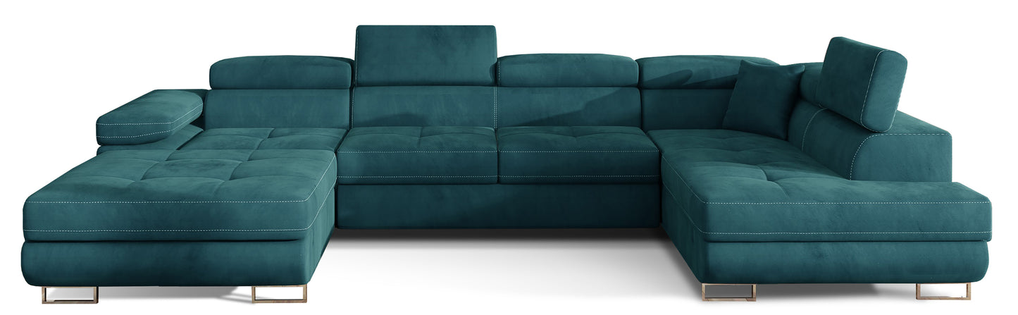 Narożnik Rodrigo w układzie prawym, tapicerowany w tkaninie MatVelvet 75 zielony i Velvet 75, widok frontalny na białym tle.