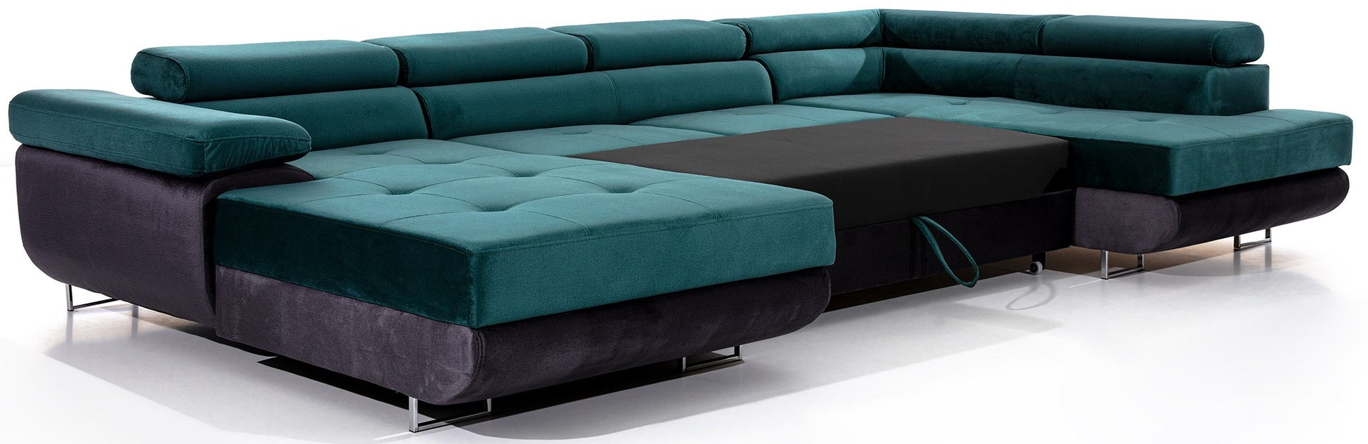 Narożnik Rodrigo Monolith 37 zielony / Monolith 97 ciemnoszary w układzie prawym z rozłożoną funkcją spania.