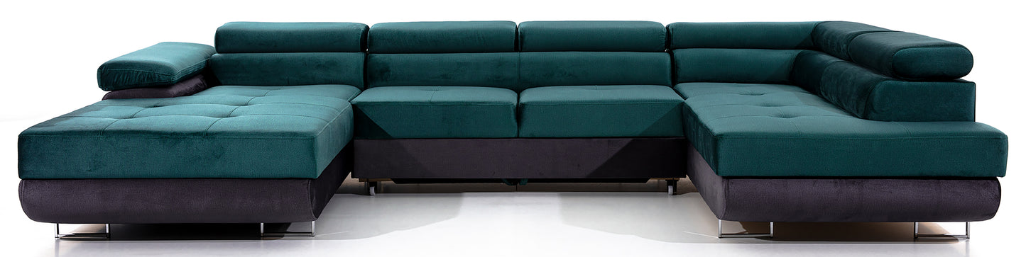 Narożnik Rodrigo w układzie prawym, tapicerowany w tkaninie Monolith 37 zielony i Monolith 97 ciemnoszary, widok frontalny na białym tle.