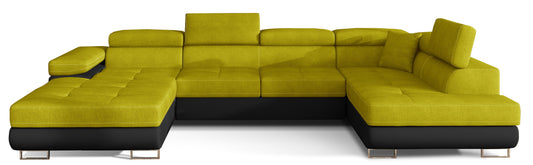 Narożnik Rodrigo w układzie prawym, tapicerowany w tkaninie Omega 68 żółty i Soft 11, widok frontalny na białym tle.