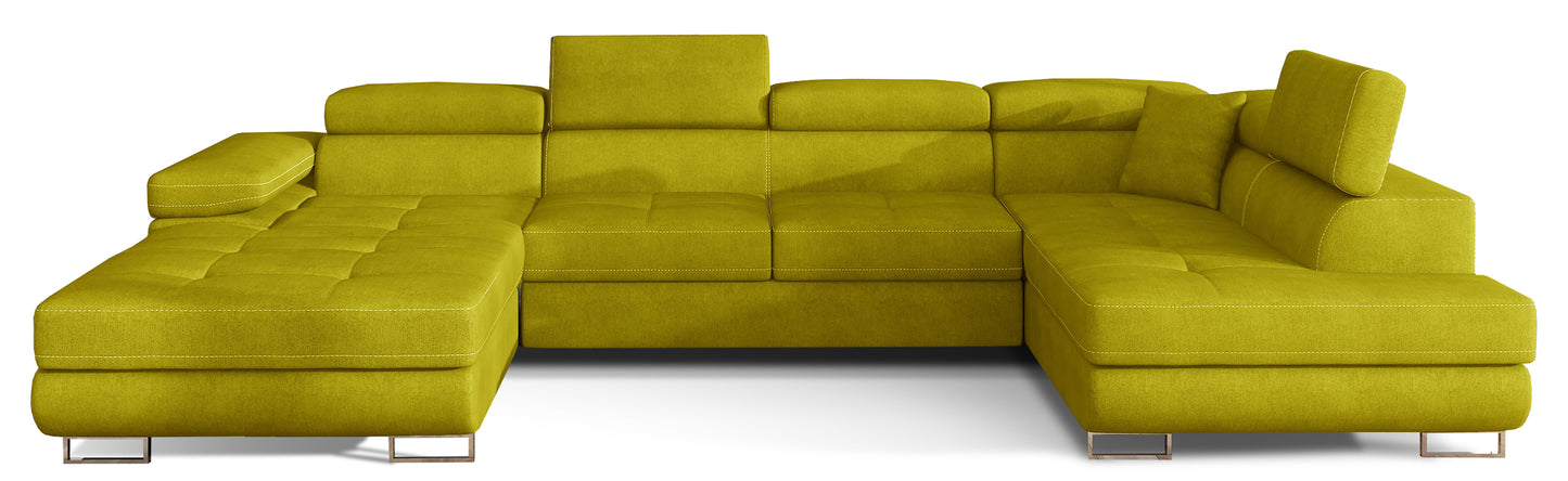 Narożnik Rodrigo w układzie prawym, tapicerowany w tkaninie Omega 68 żółty, widok frontalny na białym tle.