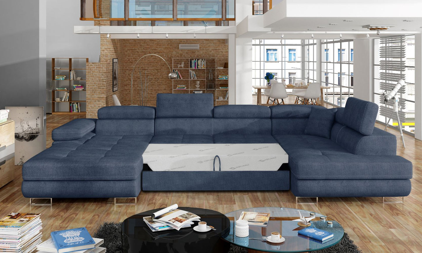 Narożnik Rodrigo Omega 86 jasnoniebieski w układzie prawym z rozłożoną funkcją spania w jasnym salonie.
