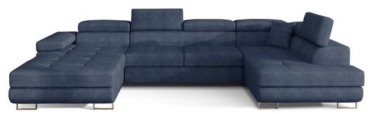 Narożnik Rodrigo w układzie prawym, tapicerowany w tkaninie Omega 86 jasnoniebieski, widok frontalny na białym tle.