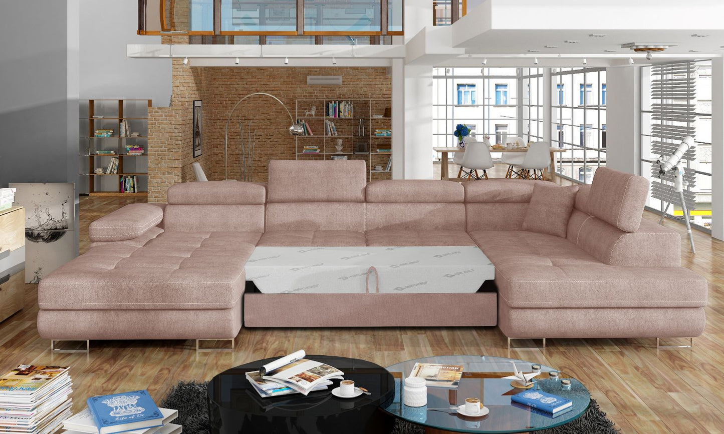 Narożnik Rodrigo Omega 91 jasnoróżowy w układzie prawym z rozłożoną funkcją spania w jasnym salonie.