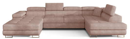 Narożnik Rodrigo w układzie prawym, tapicerowany w tkaninie Omega 91 jasnoróżowy, widok frontalny na białym tle.