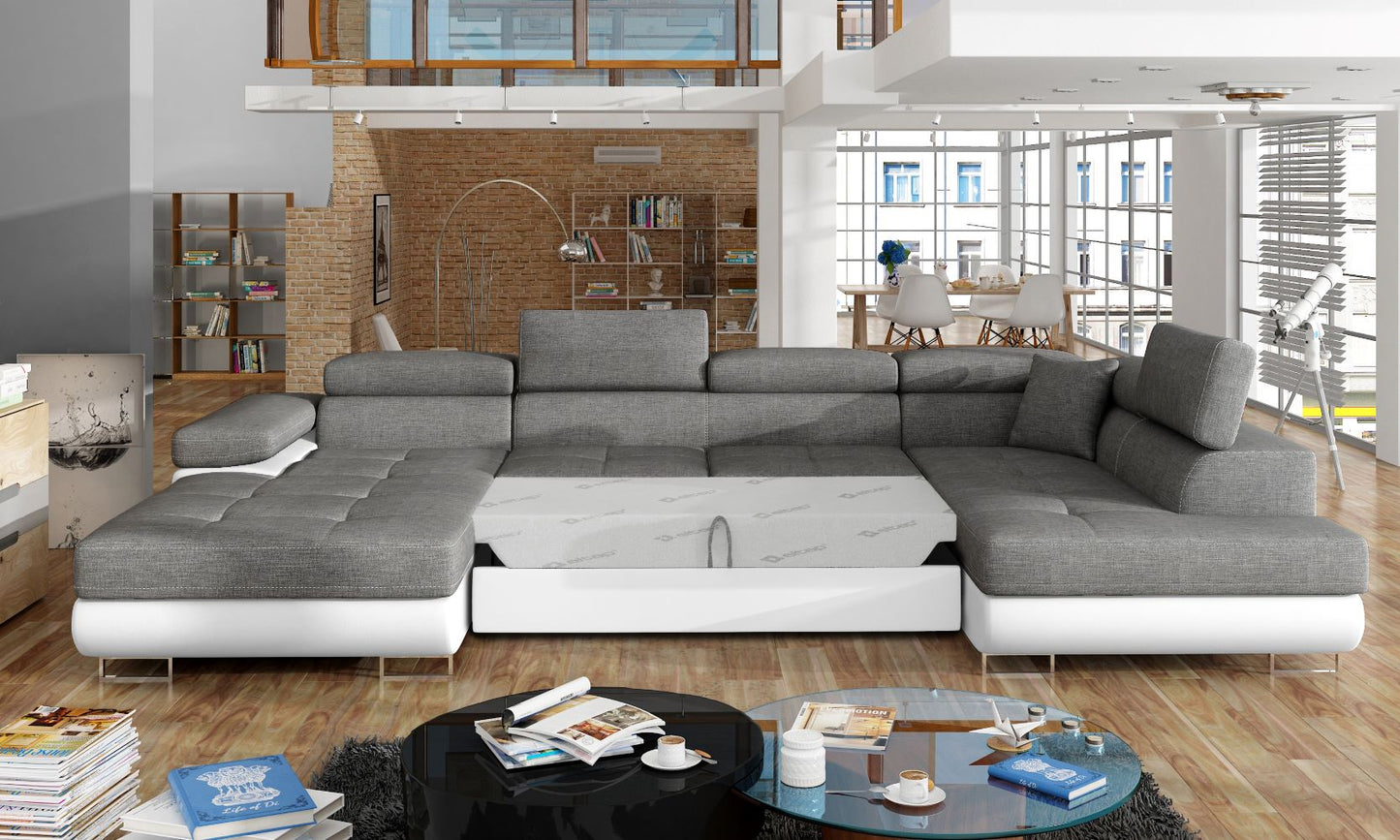 Narożnik Rodrigo Sawana 05 ciemnoszary / Soft 17 w układzie prawym z rozłożoną funkcją spania w jasnym salonie.