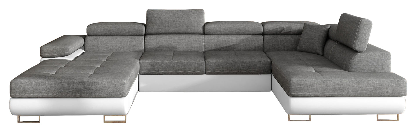 Narożnik Rodrigo w układzie prawym, tapicerowany w tkaninie Sawana 05 ciemnoszary i Soft 17, widok frontalny na białym tle.