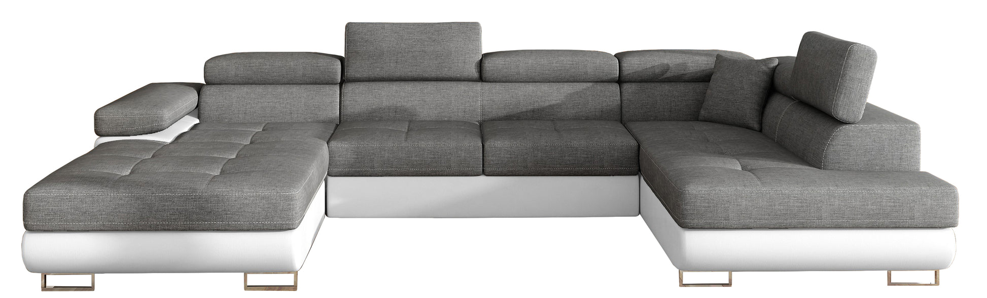 Narożnik Rodrigo w układzie prawym, tapicerowany w tkaninie Sawana 05 ciemnoszary i Soft 17, widok frontalny na białym tle.