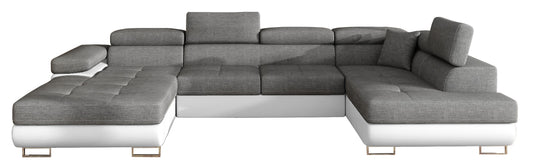 Narożnik Rodrigo w układzie prawym, tapicerowany w tkaninie Sawana 05 ciemnoszary i Soft 17, widok frontalny na białym tle.