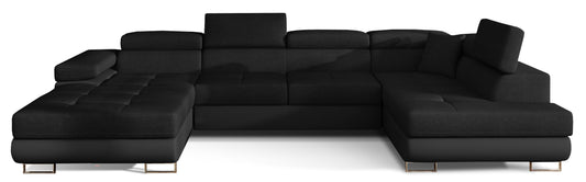 Narożnik Rodrigo w układzie prawym, tapicerowany w tkaninie Sawana 14 czarny i Soft 11, widok frontalny na białym tle.