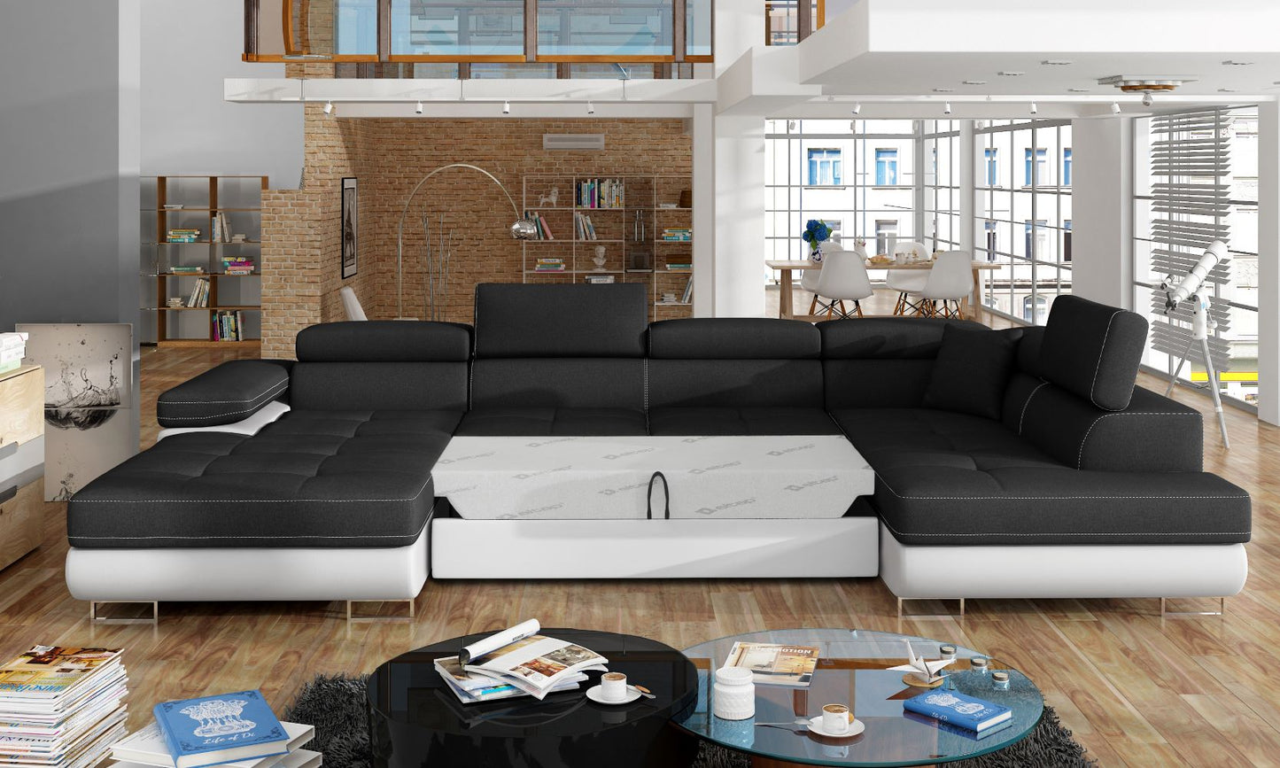 Narożnik Rodrigo Sawana 14 czarny / Soft 17 w układzie prawym z rozłożoną funkcją spania w jasnym salonie.