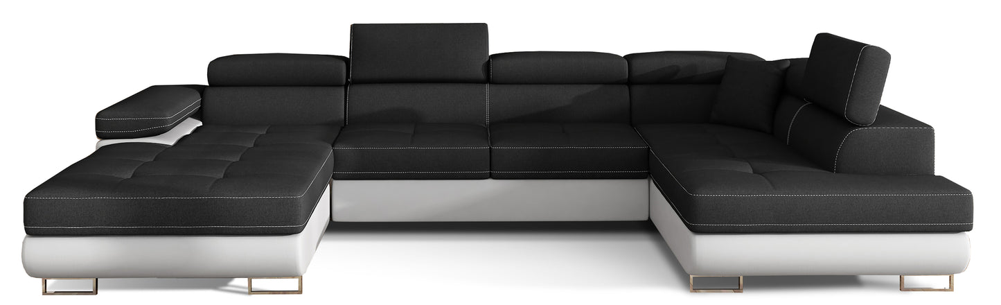 Narożnik Rodrigo w układzie prawym, tapicerowany w tkaninie Sawana 14 czarny i Soft 17, widok frontalny na białym tle.