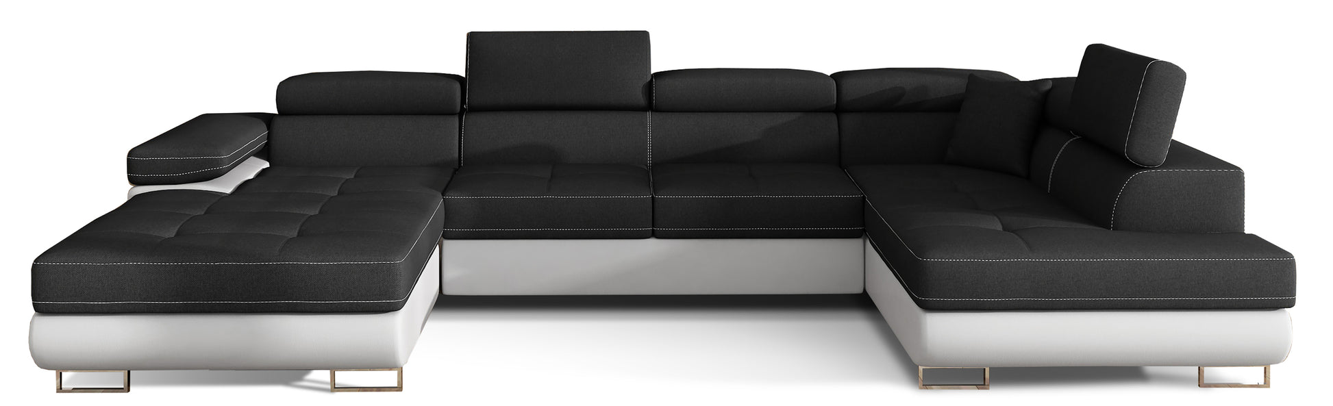 Narożnik Rodrigo w układzie prawym, tapicerowany w tkaninie Sawana 14 czarny i Soft 17, widok frontalny na białym tle.