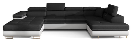 Narożnik Rodrigo w układzie prawym, tapicerowany w tkaninie Sawana 14 czarny i Soft 17, widok frontalny na białym tle.