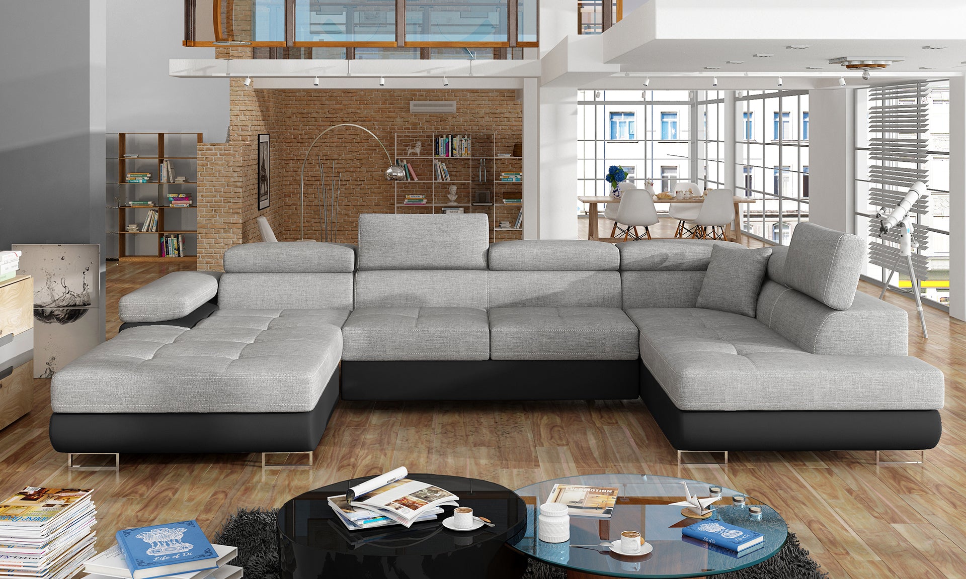 Narożnik Rodrigo Sawana 21 szary / Soft 11 w układzie prawym ustawiony w przestronnym nowoczesnym salonie.