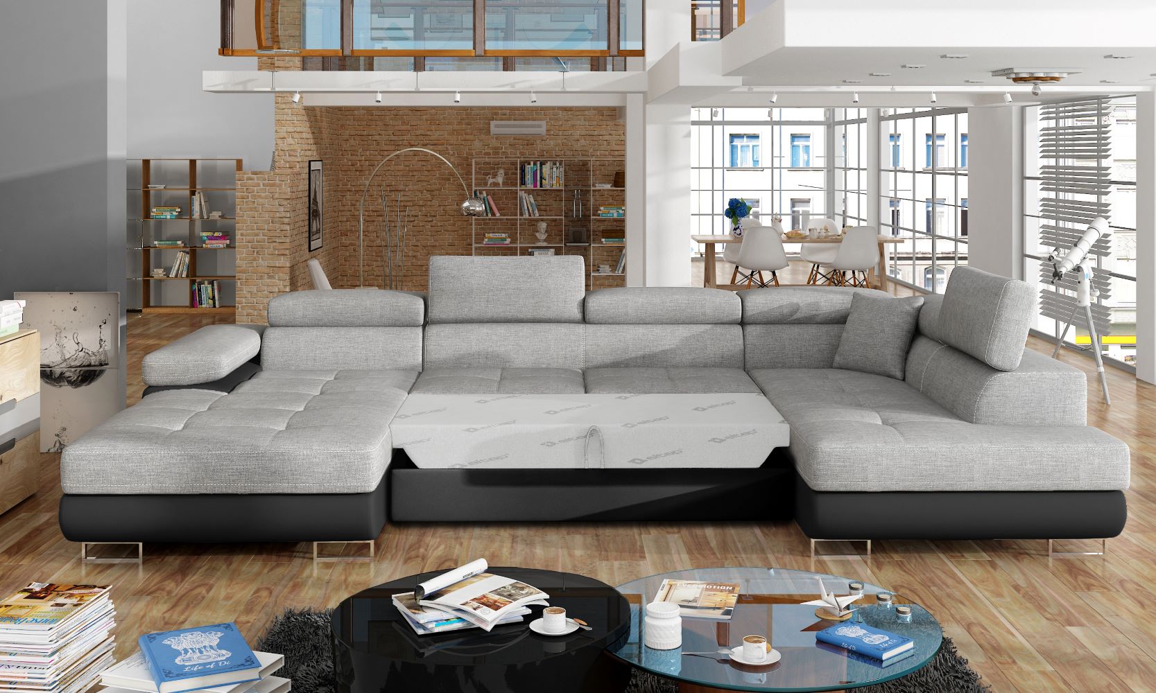 Narożnik Rodrigo Sawana 21 szary / Soft 11 w układzie prawym z rozłożoną funkcją spania w jasnym salonie.