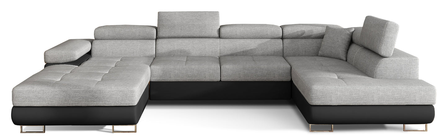 Narożnik Rodrigo w układzie prawym, tapicerowany w tkaninie Sawana 21 szary i Soft 11, widok frontalny na białym tle.