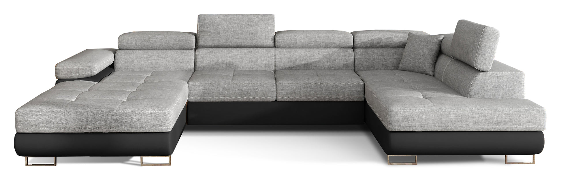 Narożnik Rodrigo w układzie prawym, tapicerowany w tkaninie Sawana 21 szary i Soft 11, widok frontalny na białym tle.