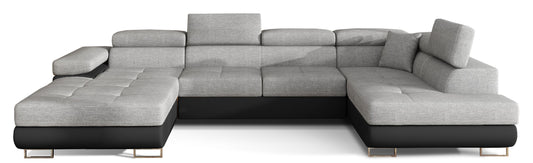 Narożnik Rodrigo w układzie prawym, tapicerowany w tkaninie Sawana 21 szary i Soft 11, widok frontalny na białym tle.