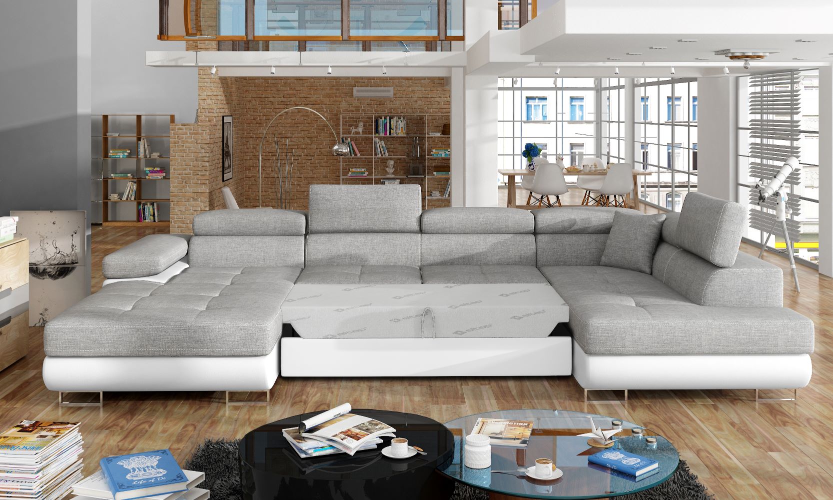 Narożnik Rodrigo Sawana 21 szary / Soft 17 w układzie prawym z rozłożoną funkcją spania w jasnym salonie.