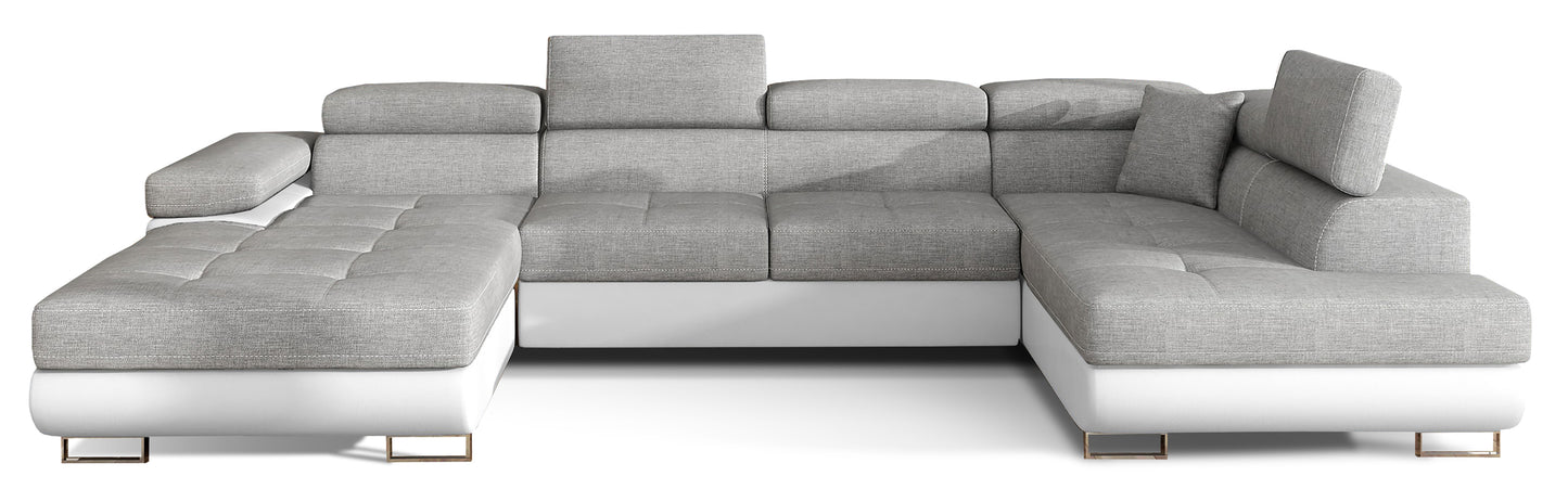 Narożnik Rodrigo w układzie prawym, tapicerowany w tkaninie Sawana 21 szary i Soft 17, widok frontalny na białym tle.