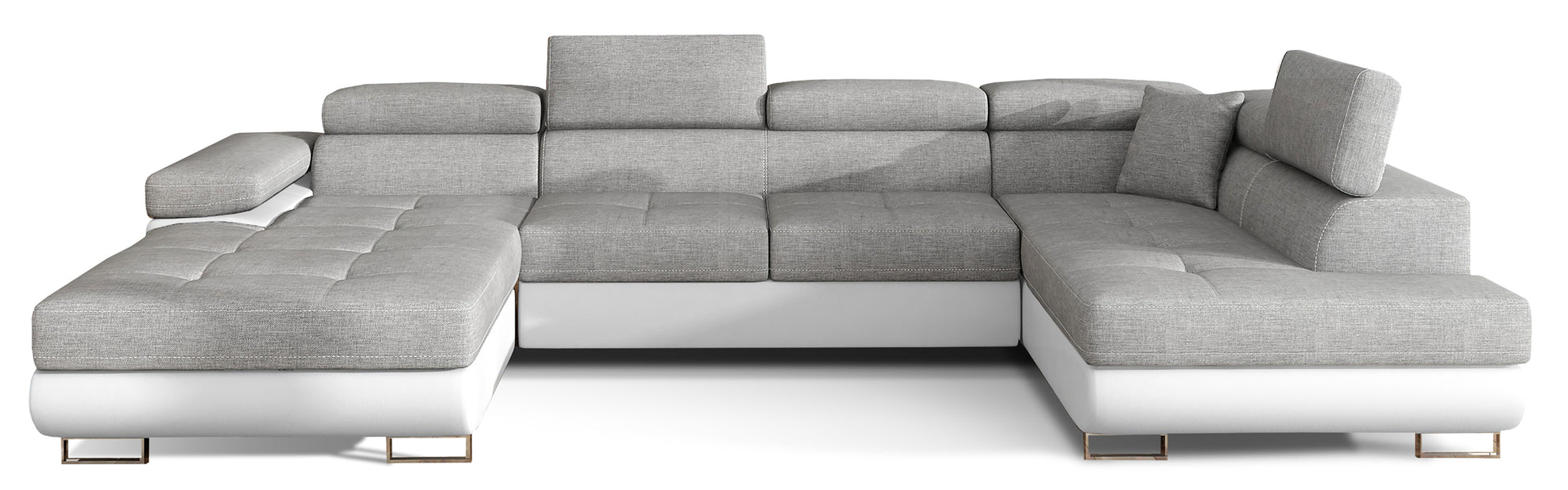 Narożnik Rodrigo w układzie prawym, tapicerowany w tkaninie Sawana 21 szary i Soft 17, widok frontalny na białym tle.