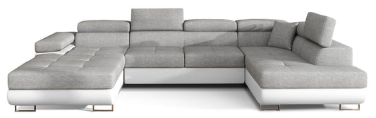 Narożnik Rodrigo w układzie prawym, tapicerowany w tkaninie Sawana 21 szary i Soft 17, widok frontalny na białym tle.