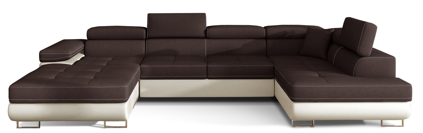 Narożnik Rodrigo w układzie prawym, tapicerowany w tkaninie Sawana 26 brązowy i Soft 33, widok frontalny na białym tle.