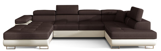 Narożnik Rodrigo w układzie prawym, tapicerowany w tkaninie Sawana 26 brązowy i Soft 33, widok frontalny na białym tle.