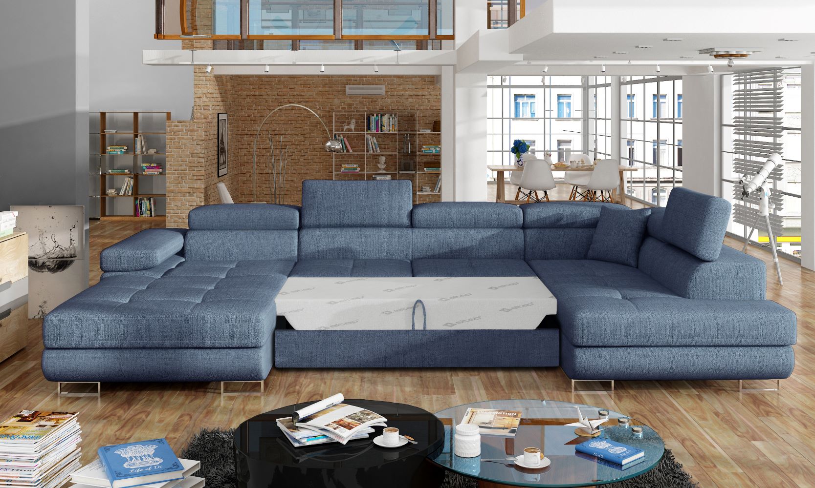Narożnik Rodrigo Solid 77 granatowy w układzie prawym z rozłożoną funkcją spania w jasnym salonie.