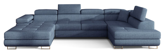 Narożnik Rodrigo w układzie prawym, tapicerowany w tkaninie Solid 77 granatowy, widok frontalny na białym tle.