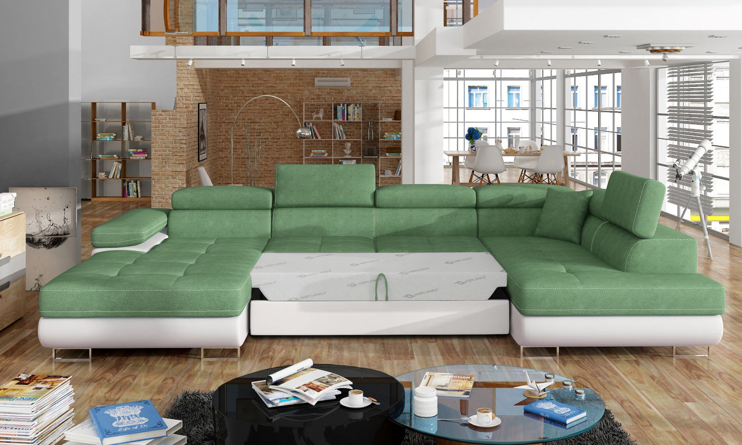 Narożnik Rodrigo Soro 34 jasnozielony / Soft 17 w układzie prawym z rozłożoną funkcją spania w jasnym salonie.