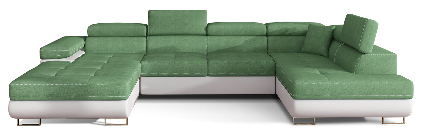 Narożnik Rodrigo w układzie prawym, tapicerowany w tkaninie Soro 34 jasnozielony i Soft 17, widok frontalny na białym tle.