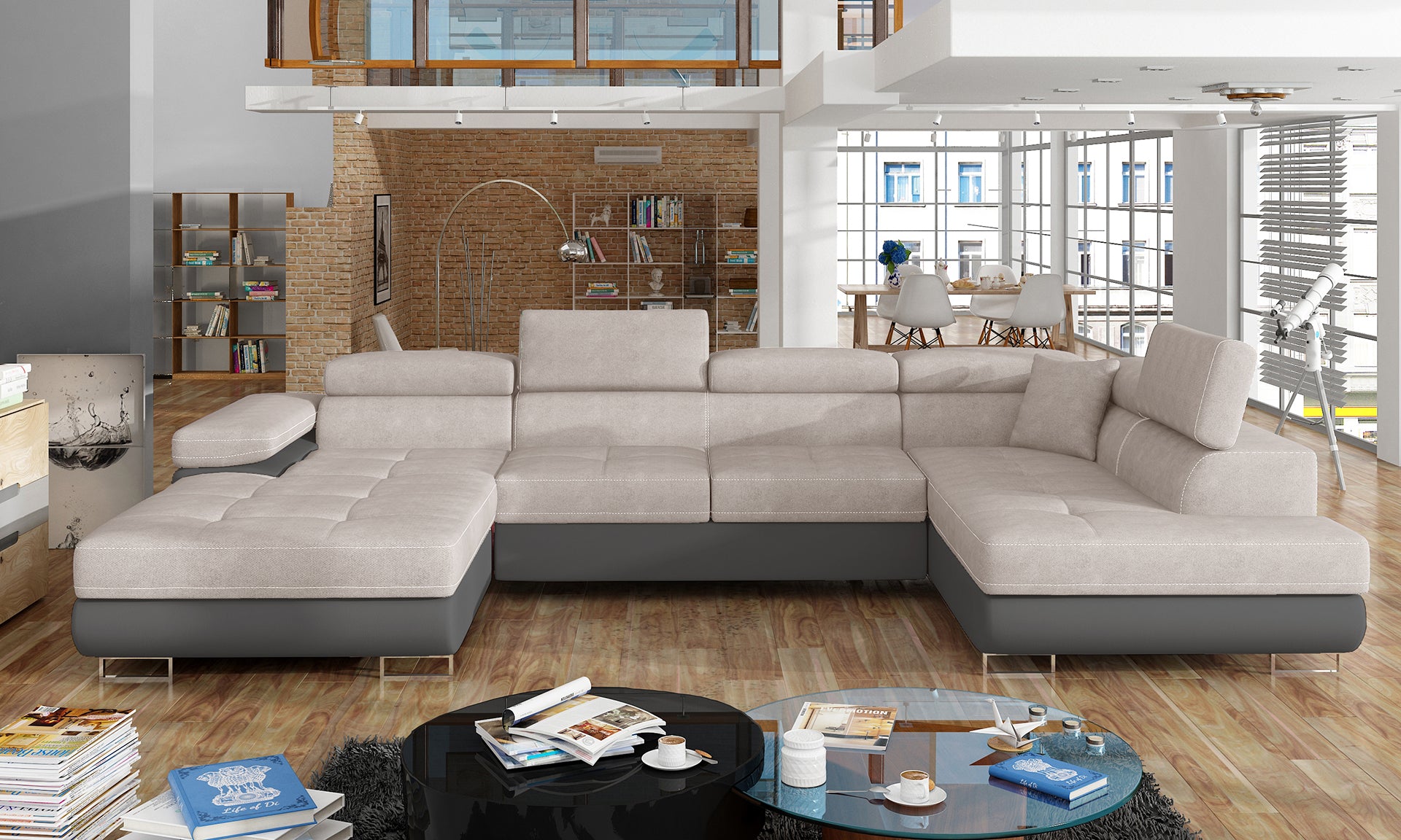 Narożnik Rodrigo Soro 83 jasnoszary / Soft 29 w układzie prawym ustawiony w przestronnym nowoczesnym salonie.