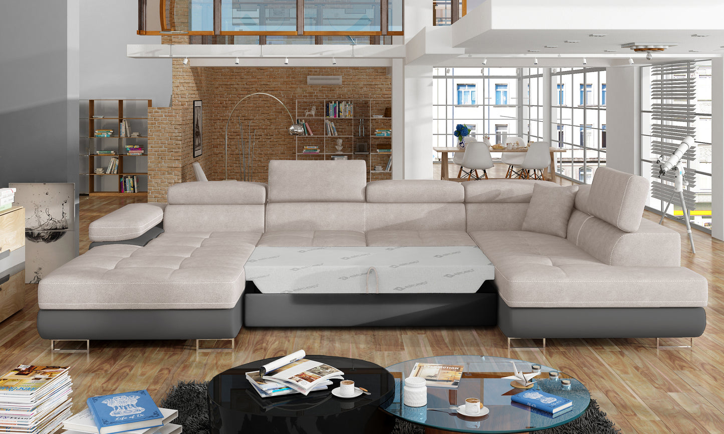 Narożnik Rodrigo Soro 83 jasnoszary / Soft 29 w układzie prawym z rozłożoną funkcją spania w jasnym salonie.