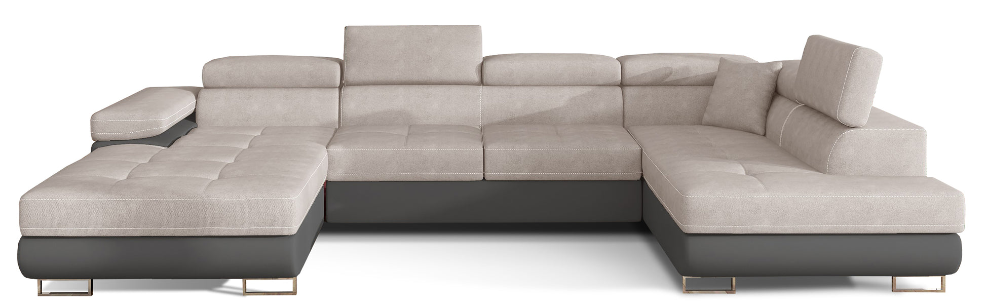 Narożnik Rodrigo w układzie prawym, tapicerowany w tkaninie Soro 83 jasnoszary i Soft 29, widok frontalny na białym tle.