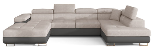 Narożnik Rodrigo w układzie prawym, tapicerowany w tkaninie Soro 83 jasnoszary i Soft 29, widok frontalny na białym tle.