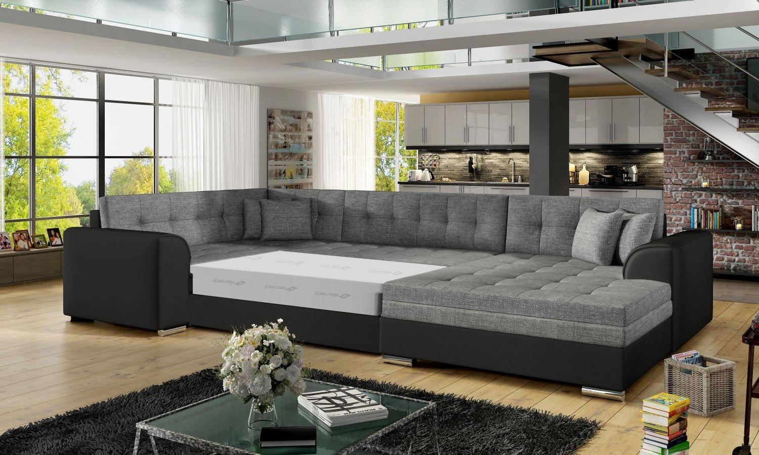 Narożnik Damario w kolorze szarym i czarnym z rozłożoną funkcją spania, prezentacja przestronnej powierzchni do komfortowego wypoczynku.
