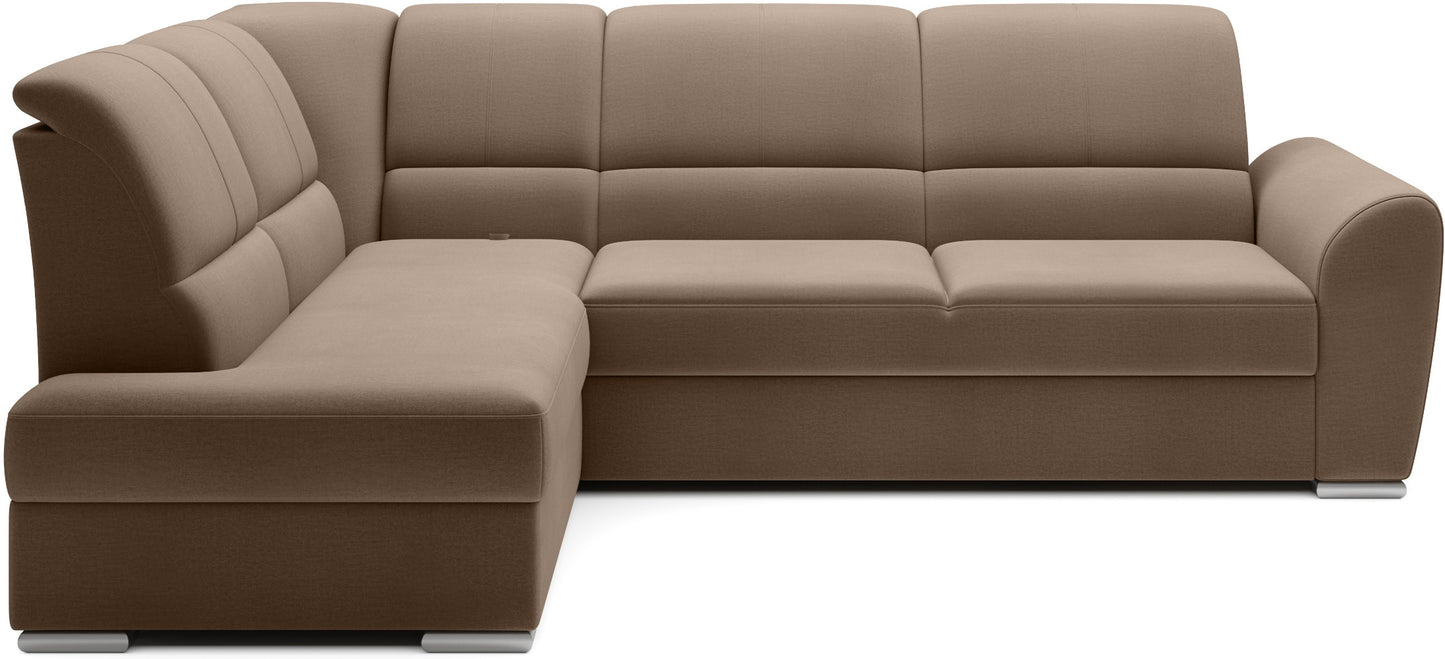 Beżowy narożnik Siber lewy w tkaninie Nube 20 to nowoczesna sofa do salonu z dużą powierzchnią wypoczynkową, która zapewnia komfort i wprowadza do wnętrza jasny, przytulny charakter.