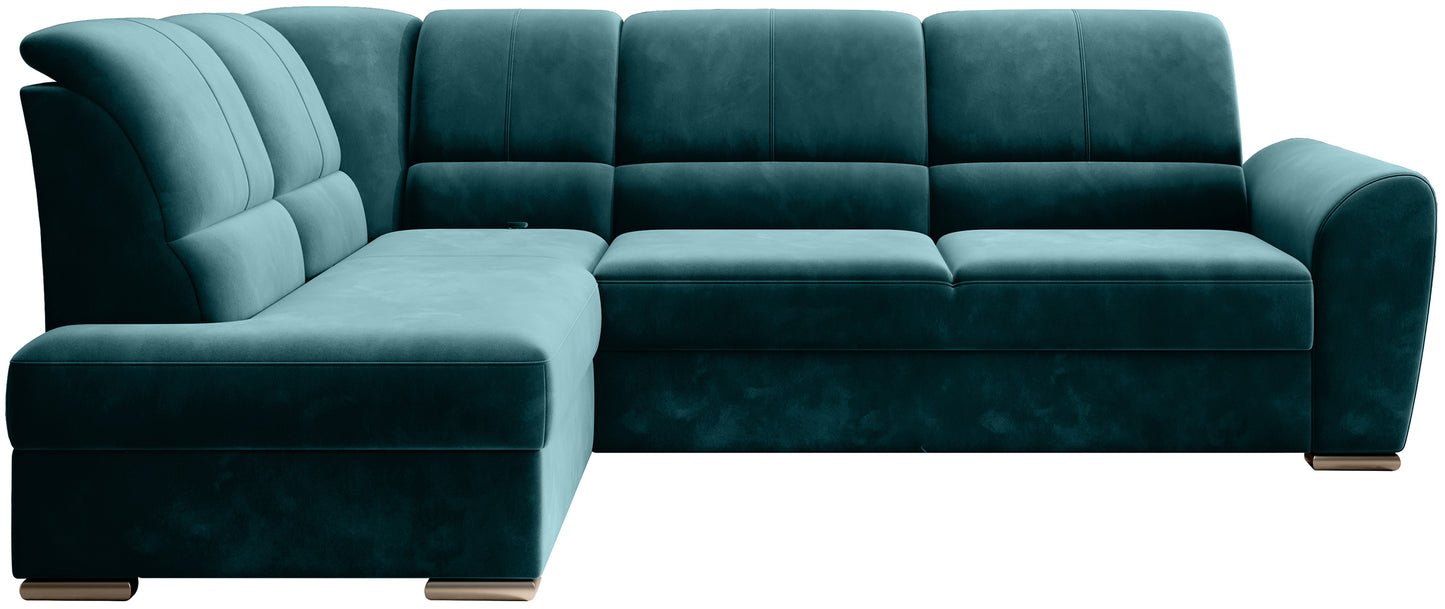 Ciemnozielony narożnik Siber lewy w tkaninie Lukso 39 to nowoczesna sofa do salonu z dużą powierzchnią wypoczynkową, która zapewnia komfort i wprowadza do wnętrza elegancki, głęboki kolor.