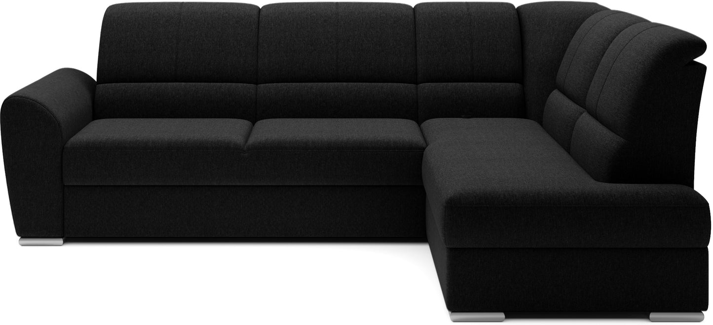 Czarny narożnik Siber lewy w tkaninie Flores 10 to nowoczesna sofa do salonu z dużą powierzchnią wypoczynkową, idealna dla rodzin ceniących komfort oraz elegancki, ponadczasowy styl wnętrza.