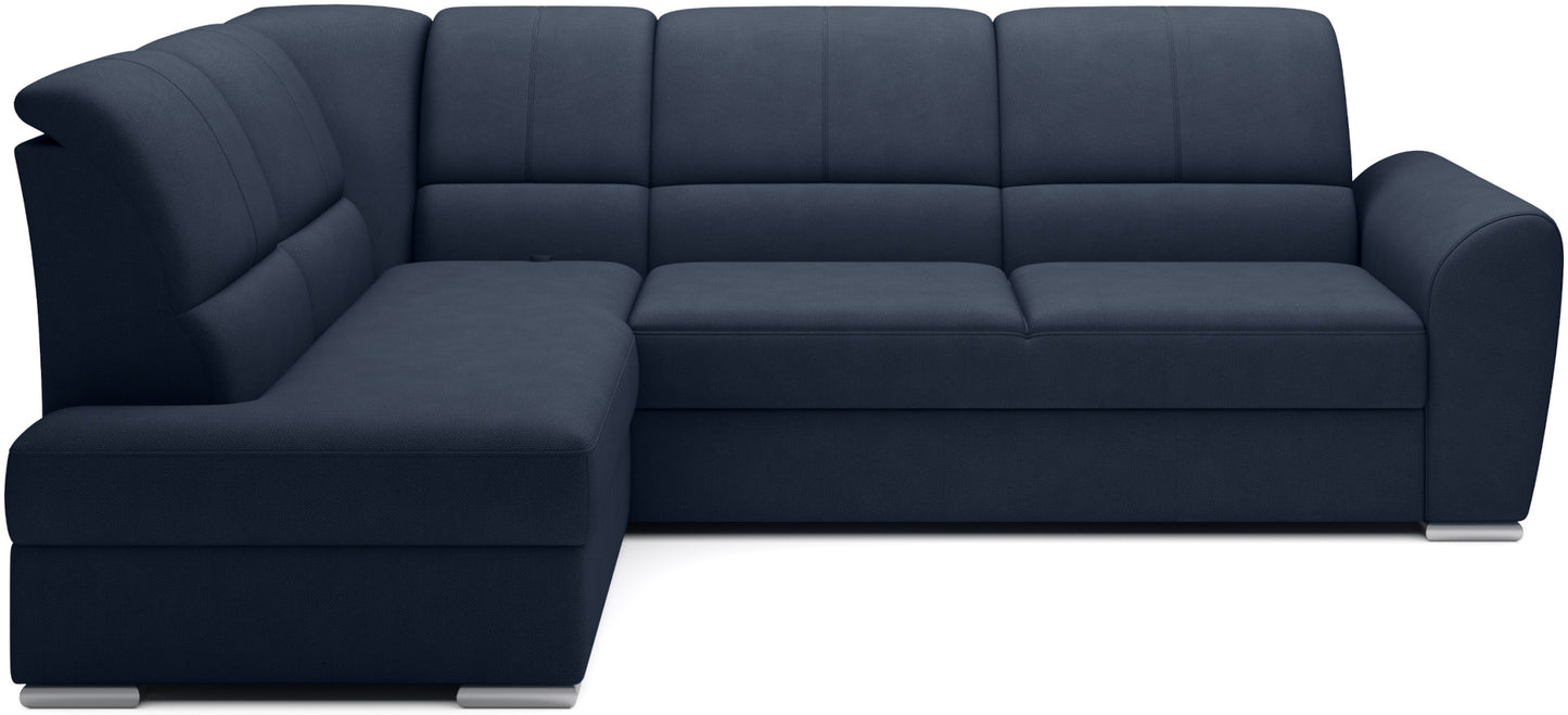 Granatowy narożnik Siber lewy w tkaninie Poco 40 to nowoczesna sofa do salonu z dużą powierzchnią wypoczynkową i funkcją spania typu delfin, idealna dla rodzin ceniących komfort i funkcjonalność.