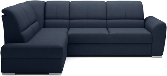 Granatowy narożnik Siber lewy w tkaninie Poco 40 to nowoczesna sofa do salonu z dużą powierzchnią wypoczynkową i funkcją spania typu delfin, idealna dla rodzin ceniących komfort i funkcjonalność.
