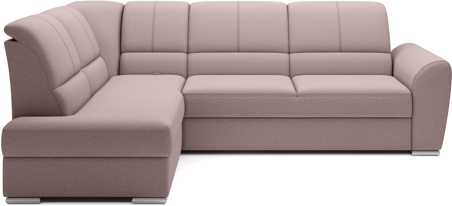 Jasnoróżowy narożnik Siber lewy w tkaninie Gojo 101 to nowoczesna sofa do salonu z dużą powierzchnią wypoczynkową, która zapewnia komfort i wprowadza do wnętrza subtelny, przytulny klimat.