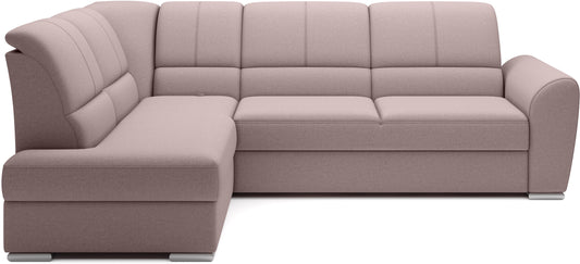 Jasnoróżowy narożnik Siber lewy w tkaninie Gojo 101 to nowoczesna sofa do salonu z dużą powierzchnią wypoczynkową, która zapewnia komfort i wprowadza do wnętrza subtelny, przytulny klimat.