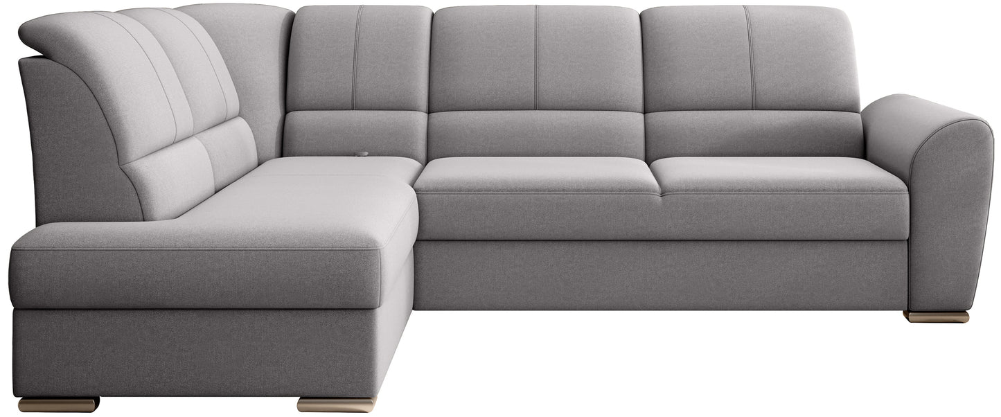 Jasnoszary narożnik Siber lewy w tkaninie Gojo 04 to nowoczesna sofa do salonu z dużą powierzchnią wypoczynkową, która zapewnia komfort i rozjaśnia wnętrze, tworząc przytulną przestrzeń dla całej rodziny.