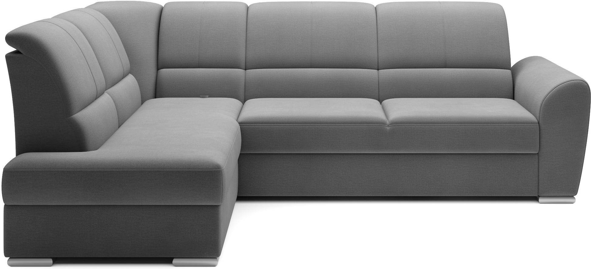 Jasnoszary narożnik Siber lewy w tkaninie Nube 03 to nowoczesna sofa do salonu z dużą powierzchnią wypoczynkową, która zapewnia komfort oraz optycznie rozjaśnia przestrzeń dzienną.
