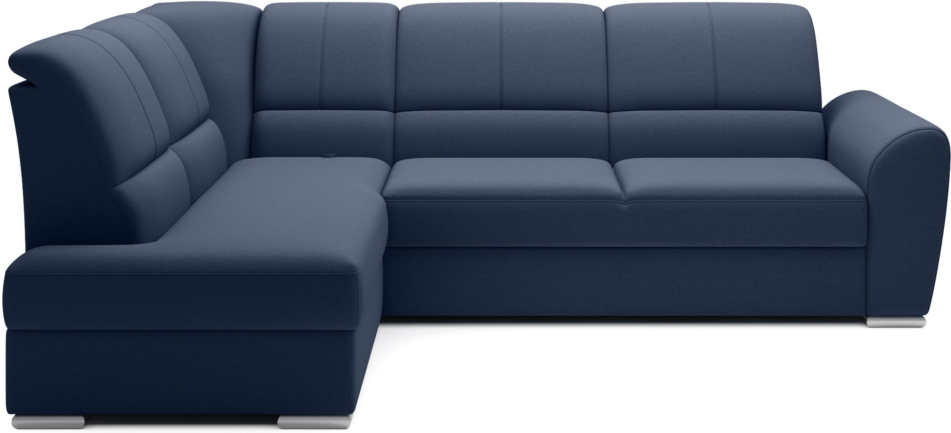 Niebieski narożnik Siber lewy w tkaninie Gojo 40 to nowoczesna sofa do salonu z dużą powierzchnią wypoczynkową, która zapewnia komfortowy relaks i wprowadza spokojny, elegancki akcent kolorystyczny.