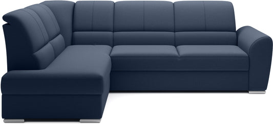 Niebieski narożnik Siber lewy w tkaninie Gojo 40 to nowoczesna sofa do salonu z dużą powierzchnią wypoczynkową, która zapewnia komfortowy relaks i wprowadza spokojny, elegancki akcent kolorystyczny.